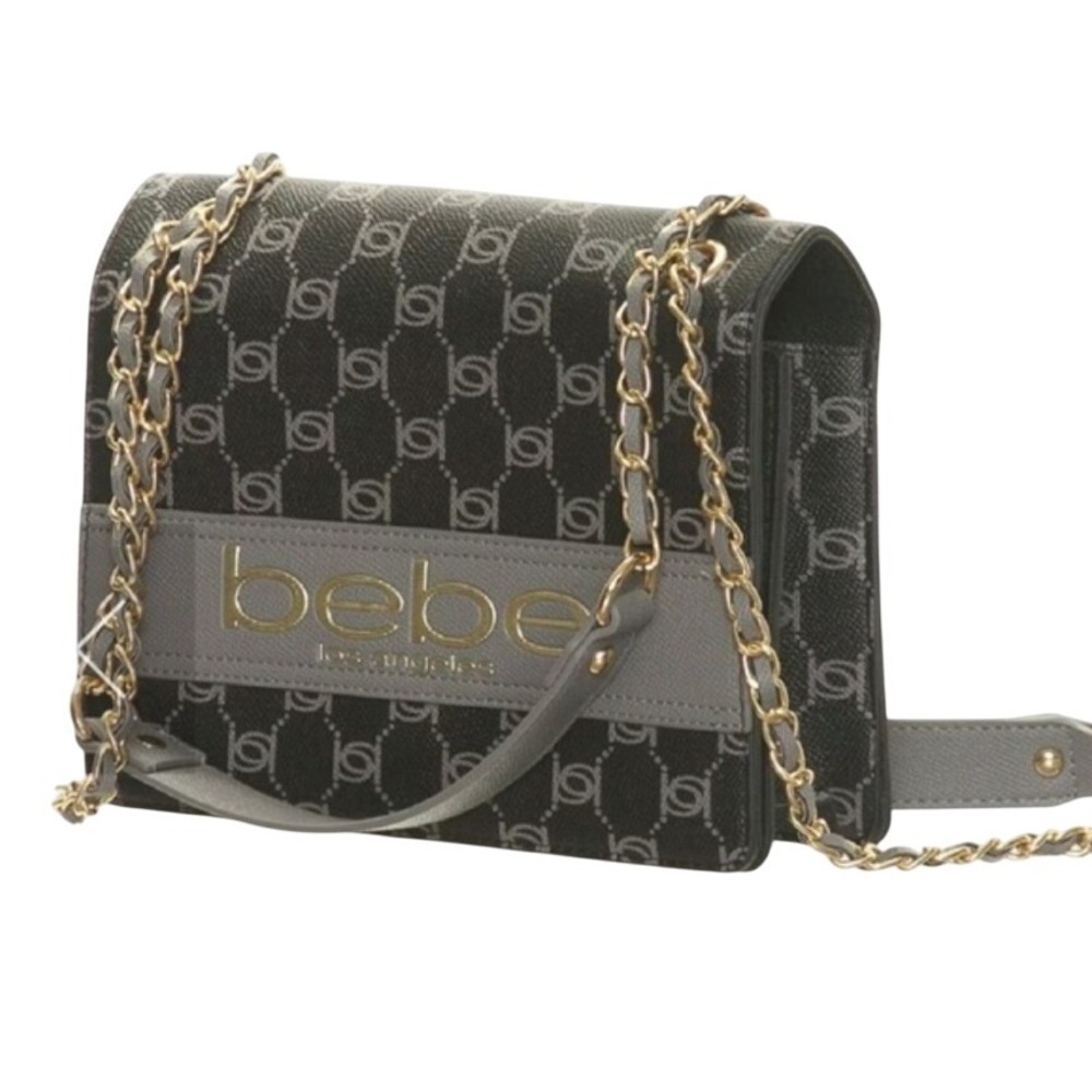 Bebe Serena Monogram Shoulder Bag Black Gold‎ Chain MSRP $89 NWT